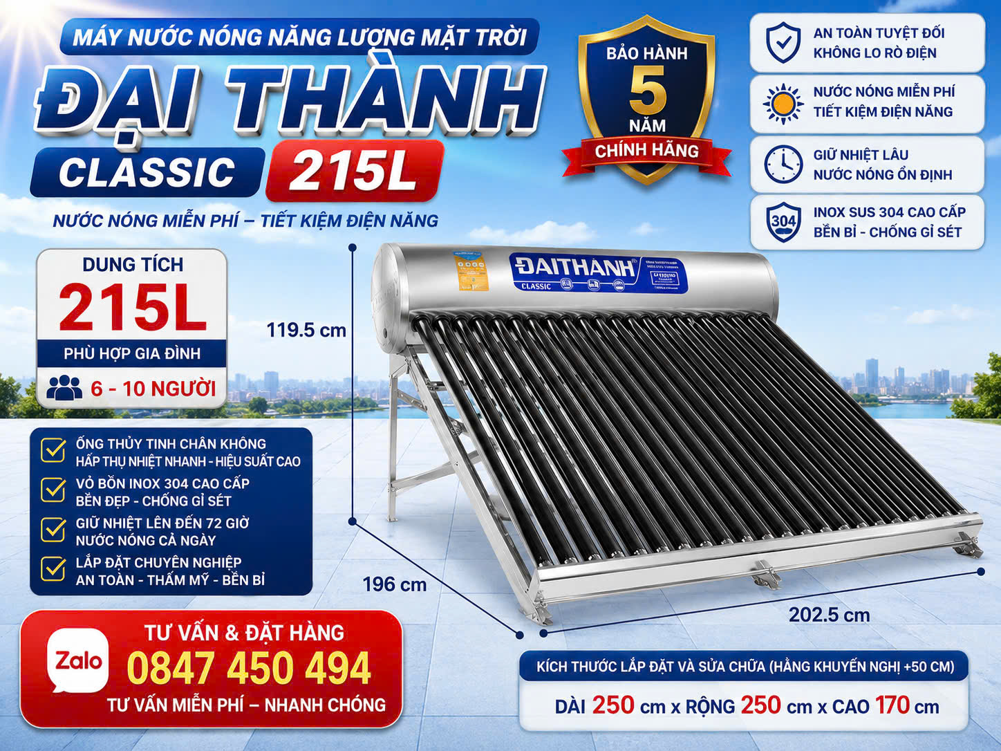 Máy nước nóng mặt trời đại thành Classic 215L cao cấp - Máy nước nóng mặt trời 215 lít đại thành Classic chính hãng Tân Á Đại Thành- Giao và lắp miễn phí Toàn Quốc